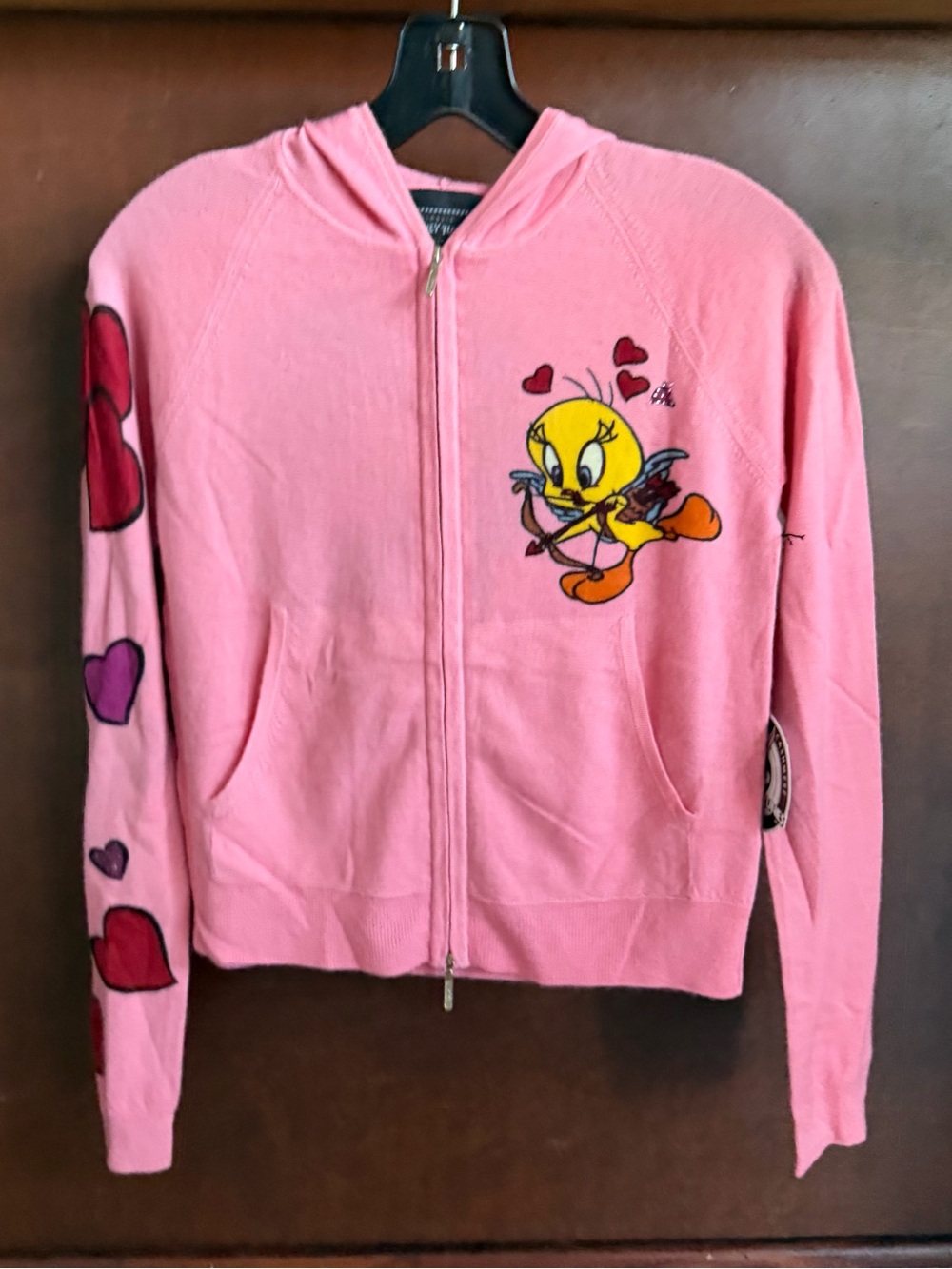 NWT VINTAGE LOONEY-TUNES CASHMERE BEJEWELED ZIP UP SWEATER, SIZE SMALL, PINK